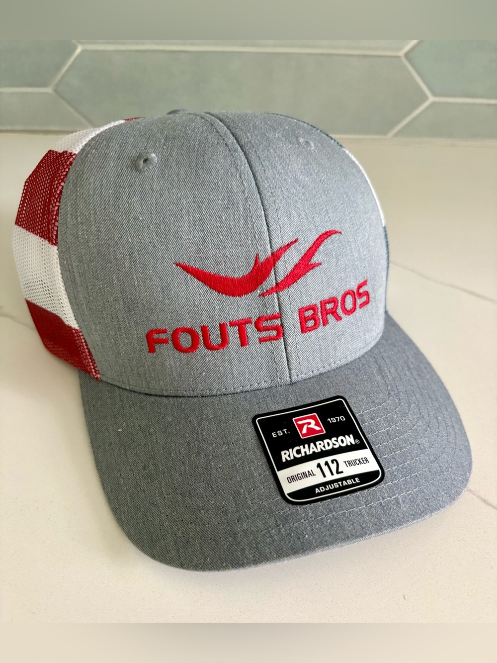 NWT Fouts Bros Richardson 112 Trucker Snapback Hat Grey Patriotic USA Flag Mesh
